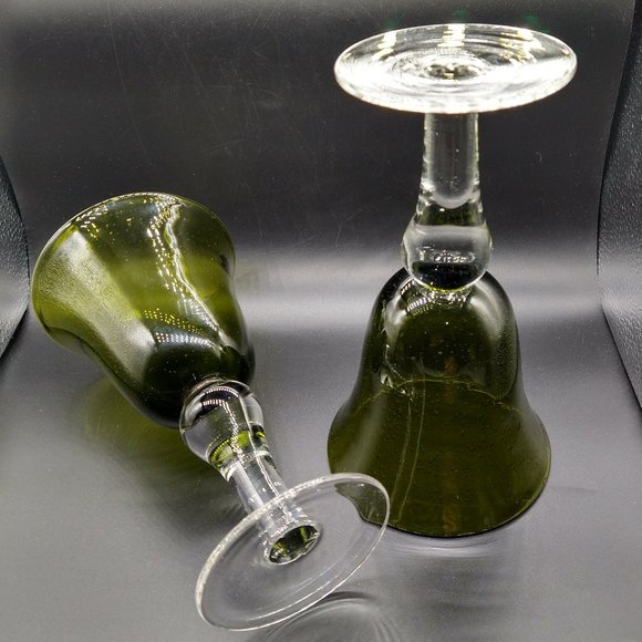 Green to Clear Bubble Glass Stem Water Wine Goblet 8" Heavy Blown Glass Set of 2 - Picture 2 of 5